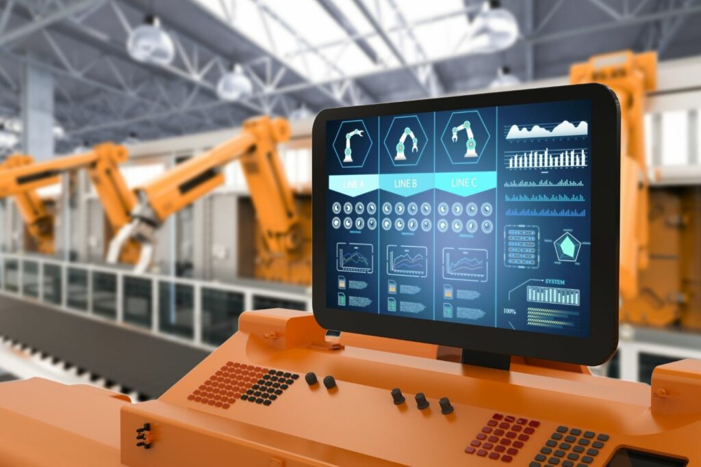 A computer screen showing automated processes with a robotic arm completing tasks.