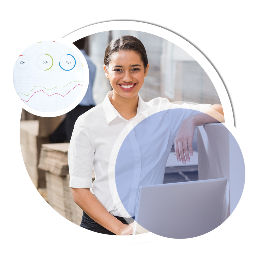 woman in warehouse with laptop computer