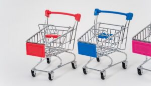 red, blue and pink shopping carts