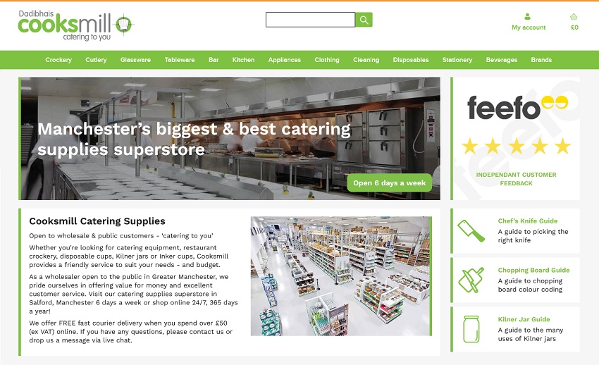 Screenshot of catering supply website