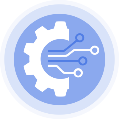 blue icon for B2B client connector, featuring gear and circuits