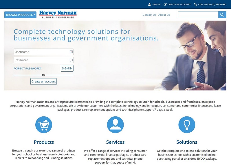 Screenshot of Harvey Norman's B2B website