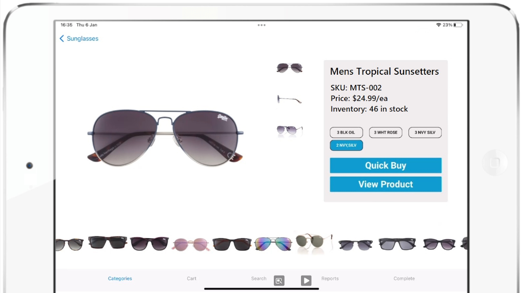 screenshot of product pages on tablet showing wholesale sunglasses