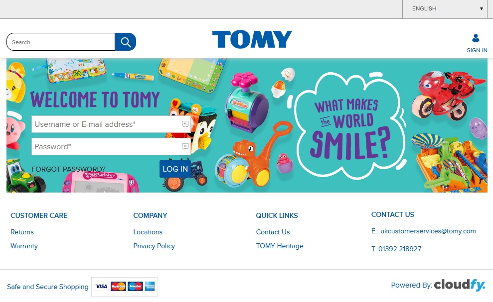 screenshot of Tomy login page