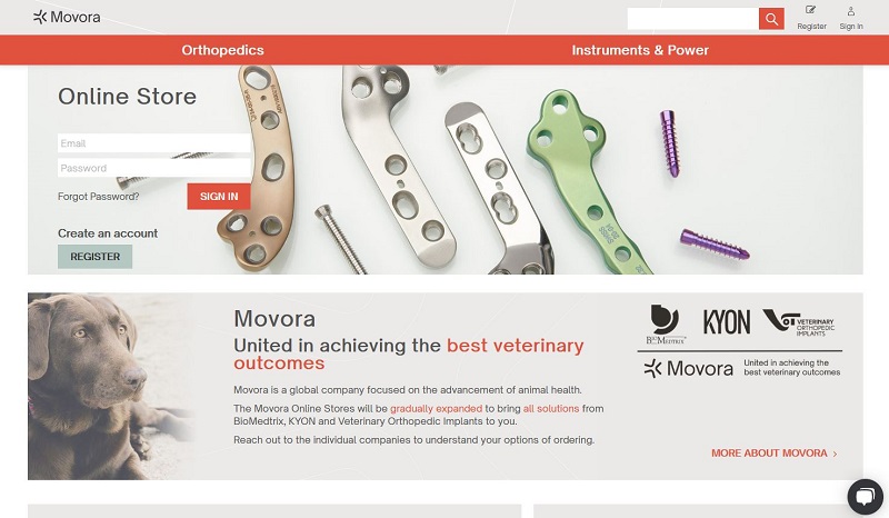 screenshot of homepage for veterinary device manufacturer